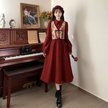 新中式复古女装国风旗袍马甲红色连衣裙套装秋冬汉服唐装敬酒礼服