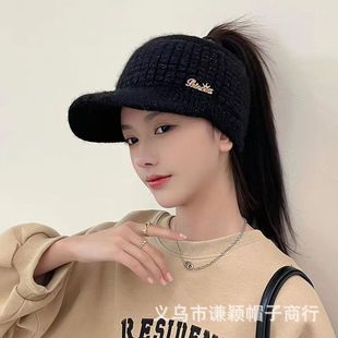秋冬款护耳加绒保暖空顶帽露马尾毛线帽棒球帽百搭女士棉帽子女
