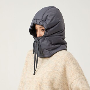 日系百搭羽绒皮面雷锋帽子女可围脖防寒保暖一体帽秋冬骑行套头帽