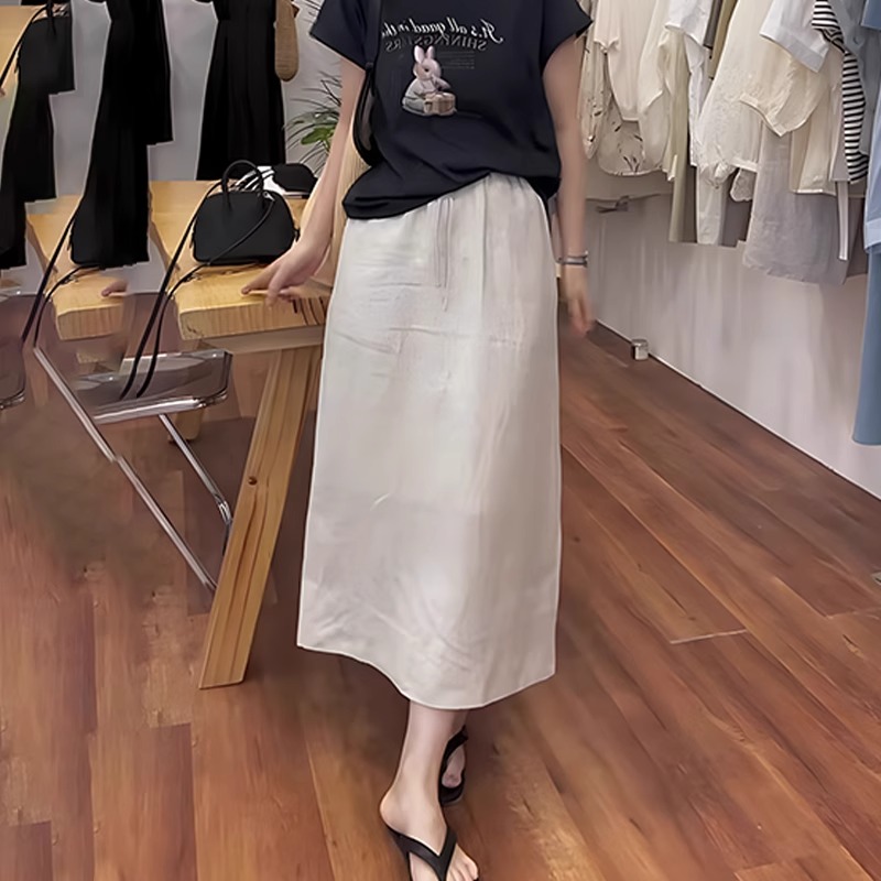 白色抽绳半身裙女夏季薄款大码梨形身材宽松显瘦开叉a字直筒裙子
