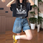 复古蓝直筒牛仔短裤女夏季薄款大码梨形身材高腰显瘦a字阔腿热裤