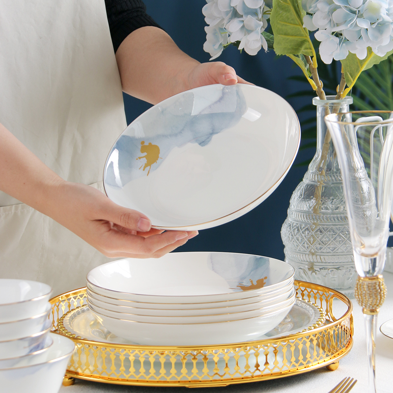 家用盘子菜盘 骨瓷8英寸饭盘深汤盘菜碟轻奢金边餐具圆瓷盘餐盘