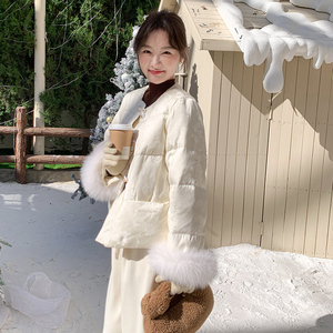 新中式提花羽绒服狐狸毛袖口90白鸭绒保暖外套B83-P325-K480图片