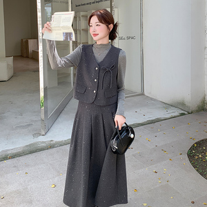 灰色小香风气质马甲套装裙女2025秋季新款设计感半身裙显瘦三件套图片