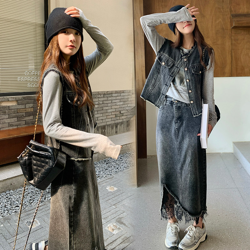韩系时尚蕾丝拼接半身裙套装女2025春秋季新款显瘦牛仔马甲两件套,女装套装/套裙,浙宝191（原浙宝008）