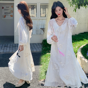 江南新中式两件套连衣裙女春夏慵懒风宽松刺绣长裙B26-P165-K248图片
