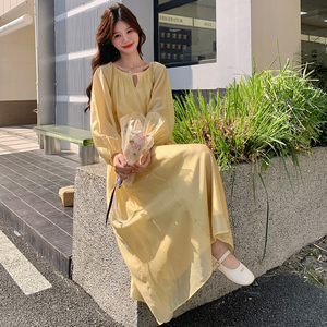 法式黄色长袖连衣裙女2025春夏新款超好看海边度假风气质绝美长裙图片