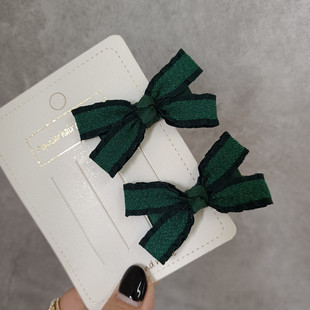 甜美可爱小巧儿童少女边夹墨绿色木耳边迷你蝴蝶结对夹刘海夹发卡