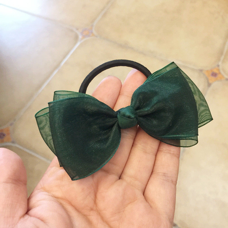 豆妈原创韩式墨绿色绢纱蝴蝶结头绳发绳扎头发橡皮筋发圈头花发卡