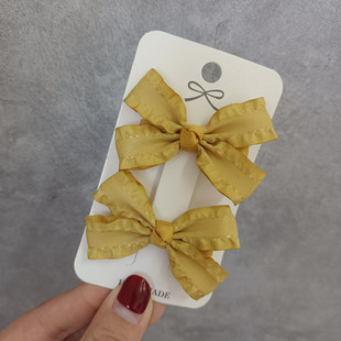 甜美气质儿童学生少女发夹姜黄色木耳边丝带小蝴蝶结对夹刘海边夹