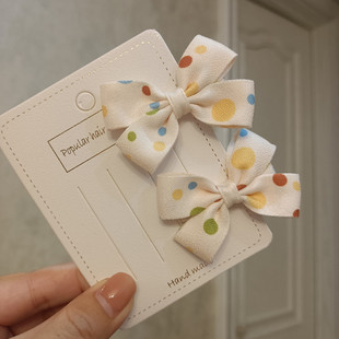 原创韩式甜美可爱米黄色彩色波点圆点小蝴蝶结对夹发夹边夹刘海夹