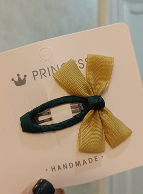 豆妈家韩式甜美可爱儿童发卡姜黄色撞墨绿色蝴蝶结BB夹边夹刘海夹