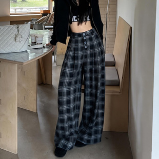 萝卜大叔复古黑灰格子裤女2026春季慵懒高腰排扣休闲宽松阔腿裤子