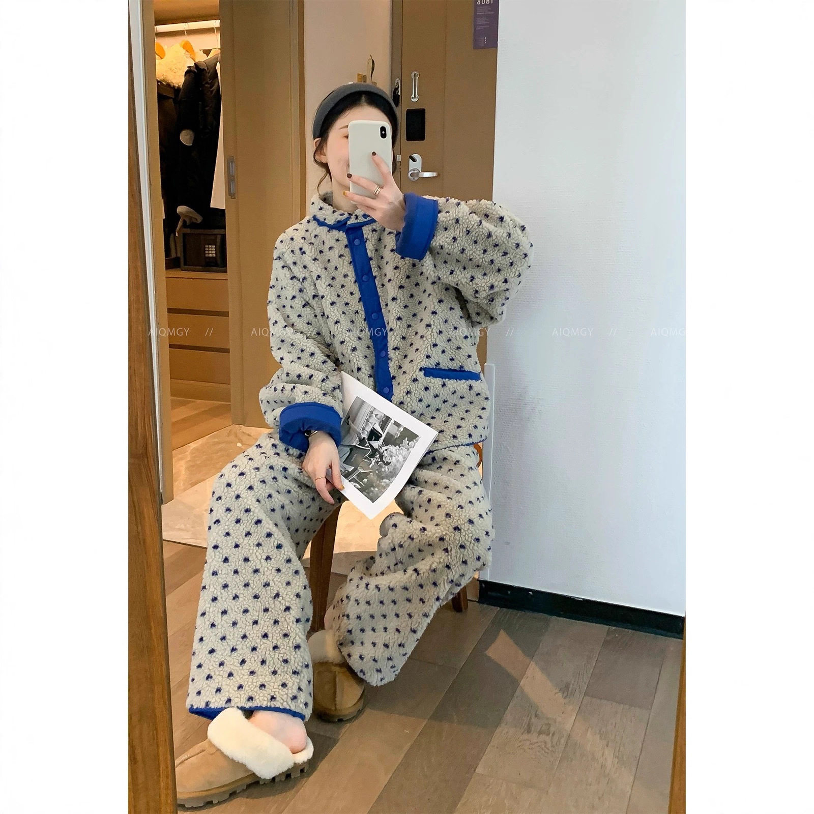 2025冬季新款时尚珊瑚绒睡衣女装外套韩版宽松加厚家居服两件套装