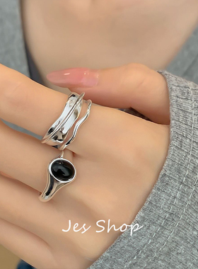 Jes Shop黑玛瑙戒指冷淡风小众设计波纹曲线个性百搭简约时尚指环
