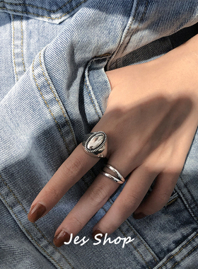 Jes Shop欧美做旧开口戒指复古做旧个性小众设计百搭高级感饰品女