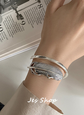 Jes Shop复古个性做旧羽毛手镯复古银开口ins冷淡风轻奢情侣手环