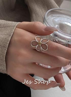 Jes Shop做旧雏菊花朵戒指小众设计高级感食指戒简约开口百搭指环