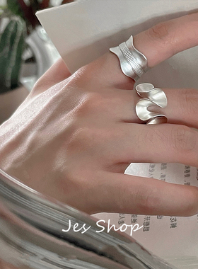 Jes Shop不规则荷花戒指波浪高级感几何小众设计磨砂开口指环女