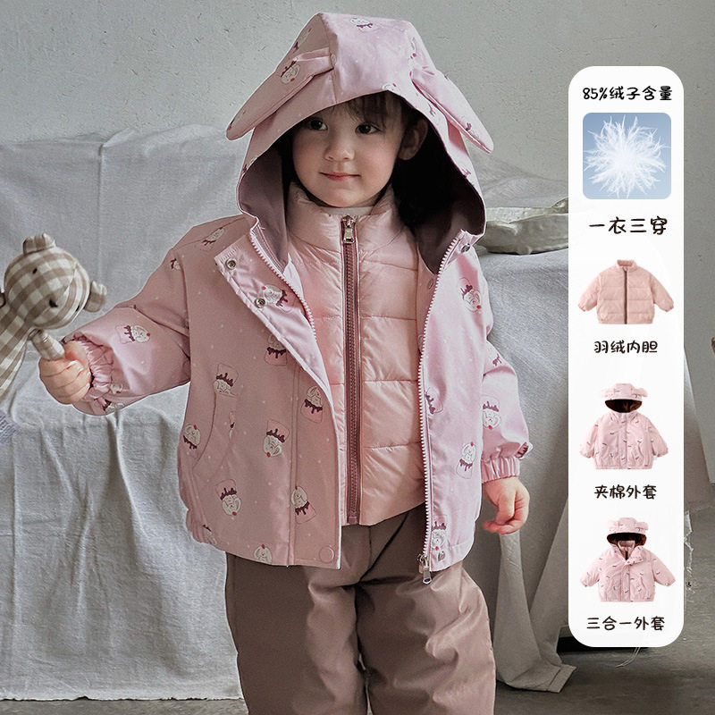 欧美迪士尼风婴幼儿冬装夹棉a类连帽新款女宝羽绒服三合一冲锋衣
