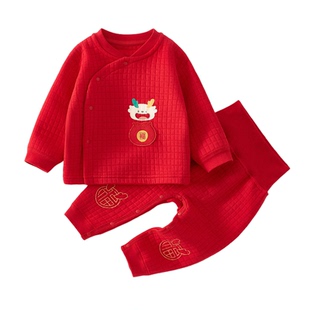 欧美婴儿衣服秋冬新款夹棉分体套装喜庆女红色保暖宝宝冬装纯棉