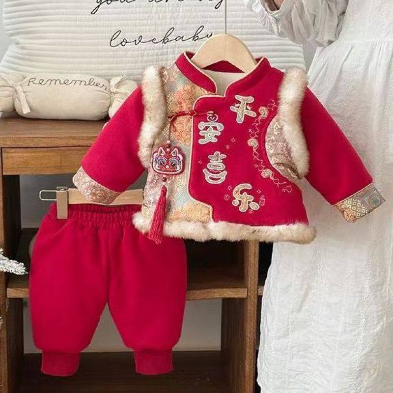 欧美婴幼儿喜庆新年装可爱男女宝宝百天周岁衣服新生婴儿平安喜乐