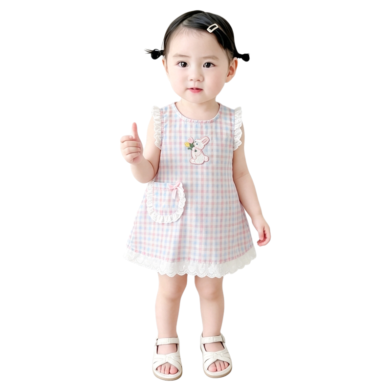 法国URCINS格子棉布连衣裙夏季新款女宝宝兔子吊带裙婴幼儿裙子潮