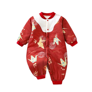 欧美满月宝宝衣服夹棉春秋款刚出生婴儿保暖连体衣薄棉喜庆红色