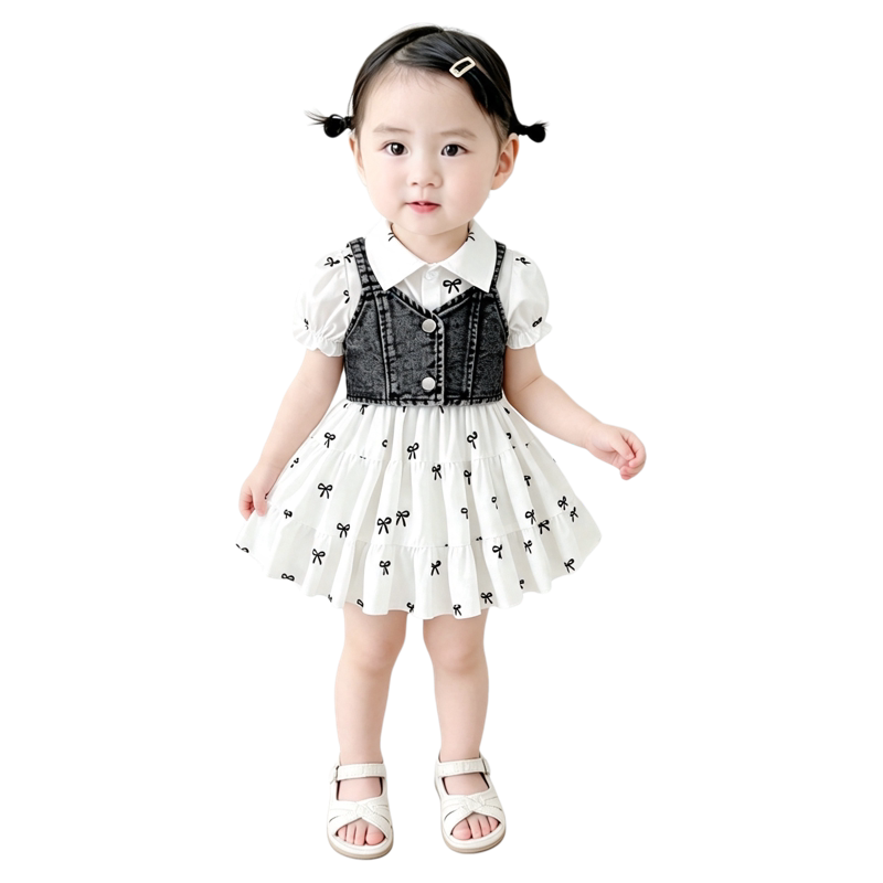 法国URCINS夏季新款女童套装婴童印花蝴蝶结立领连衣裙+牛仔吊带