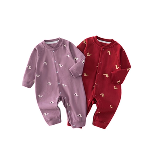 欧美婴儿连体衣纯棉a类满月宝宝衣服春秋款无骨大红色拜年服安阳