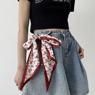 柳吴伟花朵红色长条丝巾腰带女款配牛仔裤收腰神器红色皮带高级感