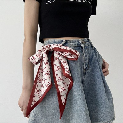 红色~花朵丝巾腰带女配裤子~