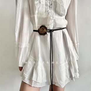 法式玫瑰花腰带女配裙子装饰收腰细百搭软皮绳花朵腰绳高级感加长