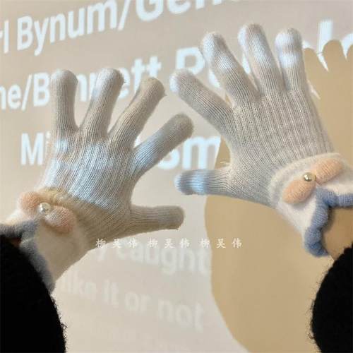 珍珠蝴蝶结可爱五指手套冬季保暖