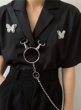 原宿风凹造型圆环交叉背带男女嘻哈街头朋克风金属链条腰带装饰酷