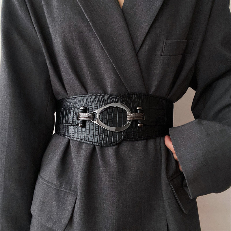 美式ins风个性鳄鱼纹腰带女夏季百搭复古弹力松紧腰封女士黑色宽