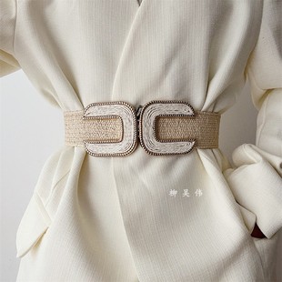 设计感小众草编弹力松紧腰带女复古配连衣裙西装 饰 腰封收腰显瘦装