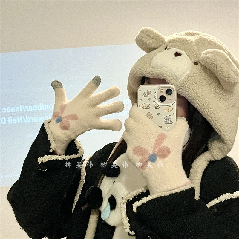 可触屏蝴蝶结手套女秋冬季毛线针织保暖五指可爱学生冬天骑车新款