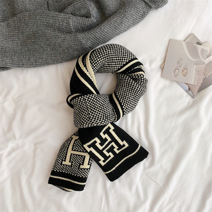 情侣仿羊绒高级感针织毛线围巾冬季女百搭加厚保暖围脖男黑色冬天