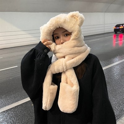 可爱一体手套骑车冬季帽子围巾