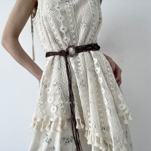 柳吴伟咖啡色腰带女款配裙子收腰民族风波西米亚编织麻绳腰绳串珠