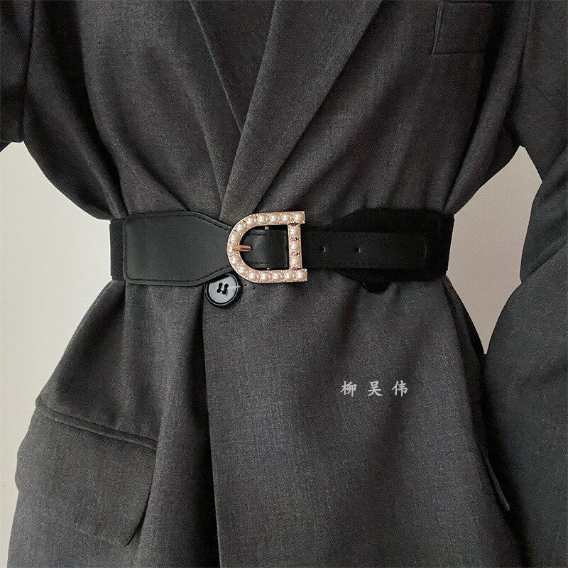 珍珠腰带女收腰装饰配连衣裙子西装时尚百搭优雅弹力松紧腰封女士