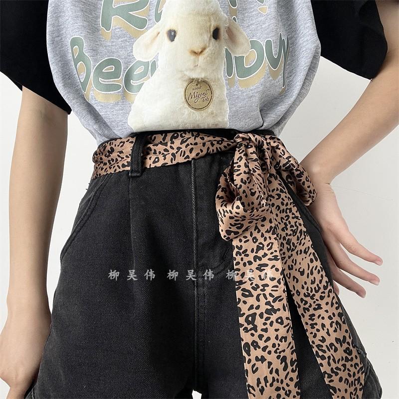 豹纹丝巾皮带女款懒人免打孔美学细窄长条围脖时尚设计感腰带配饰