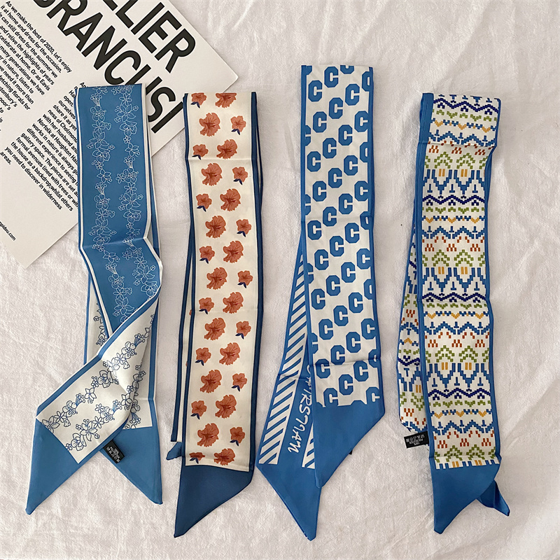 高级感蓝色长条丝巾腰带ins