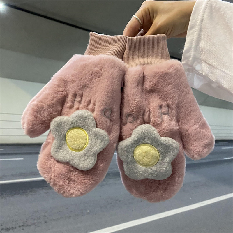 韩版毛绒手套女加绒冬季可爱ins加厚保暖骑车骑行防风防寒连指男