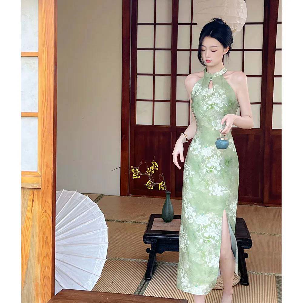 新中式改良旗袍挂脖吊带连衣裙女夏季收腰显瘦开叉包臀修身长裙子,女装/女士精品,连衣裙,淘宝优惠券,粉丝福利购,淘宝优惠卷