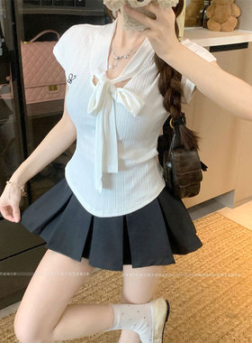 辣妹白色V领绑带蝴蝶结短袖T恤女夏季修身显瘦学院风甜美修身上衣
