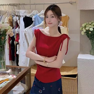 针织上衣ins潮 2025新款 韩版 百搭露肩短袖 T恤女设计感斜肩系带短款