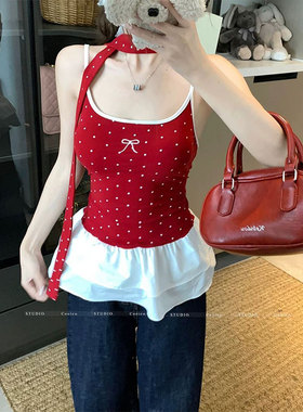 纯欲风红色波点蝴蝶结吊带背心女夏季设计感拼接荷叶边修身上衣潮