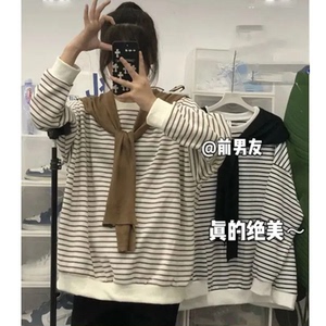 社会女快手网红同款秋季新款宽松套头减龄条纹百搭卫衣可拆卸披肩
